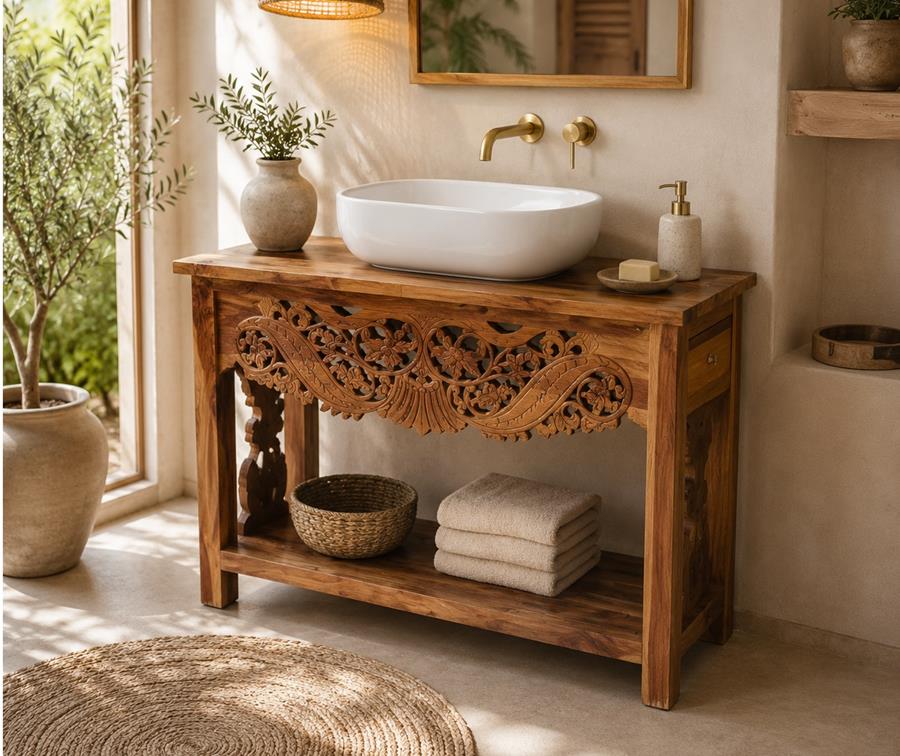 Consola realizada en madera maciza de teca con estilo exotico