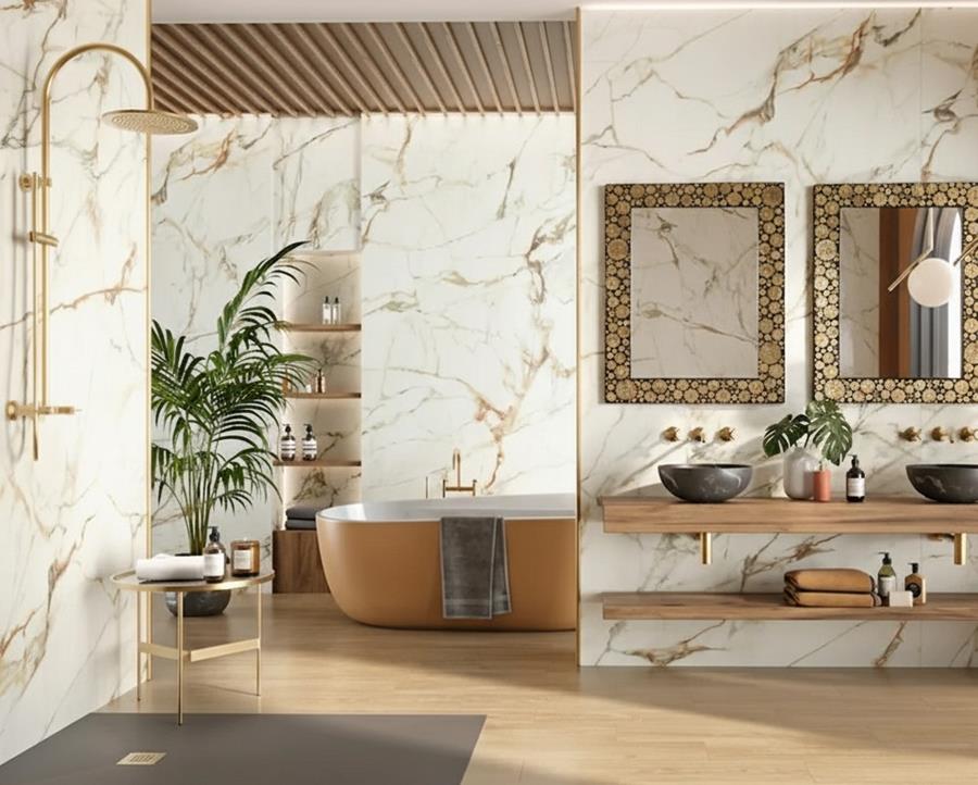 Espejo artesanal elaborado con auténtico nácar natural en tonos dorados, cuidadosamente incrustado sobre una base de madera y resina negra.