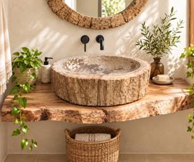 Lavabo madera fosilizada Kita | 4890 | Reformas de baño en Alcala de Henares, Guadalajara, Madrid y alrededores. Muebles de baño de madera a medida. Lavabos de piedra