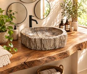 Lavabo madera fosilizada Kenia | 4892 | Reformas de baño en Alcala de Henares, Guadalajara, Madrid y alrededores. Muebles de baño de madera a medida. Lavabos de piedra